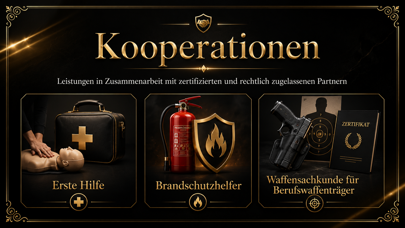 Zusatzqualifikationen im Sicherheitsgewerbe. Zusatzqualifikationen für betriebliche Erste-Helfer, Brandschutzhelfer und Berufswaffenträger durch zugelassenen Kooperationspartner.