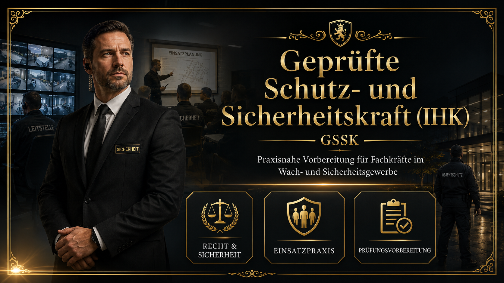 Hier erfahren Sie mehr zum Vorbereitungskurs auf die geprüfte Schutz- und Sicherheitskraft-IHK (GSSK) | Online & Präsenz.